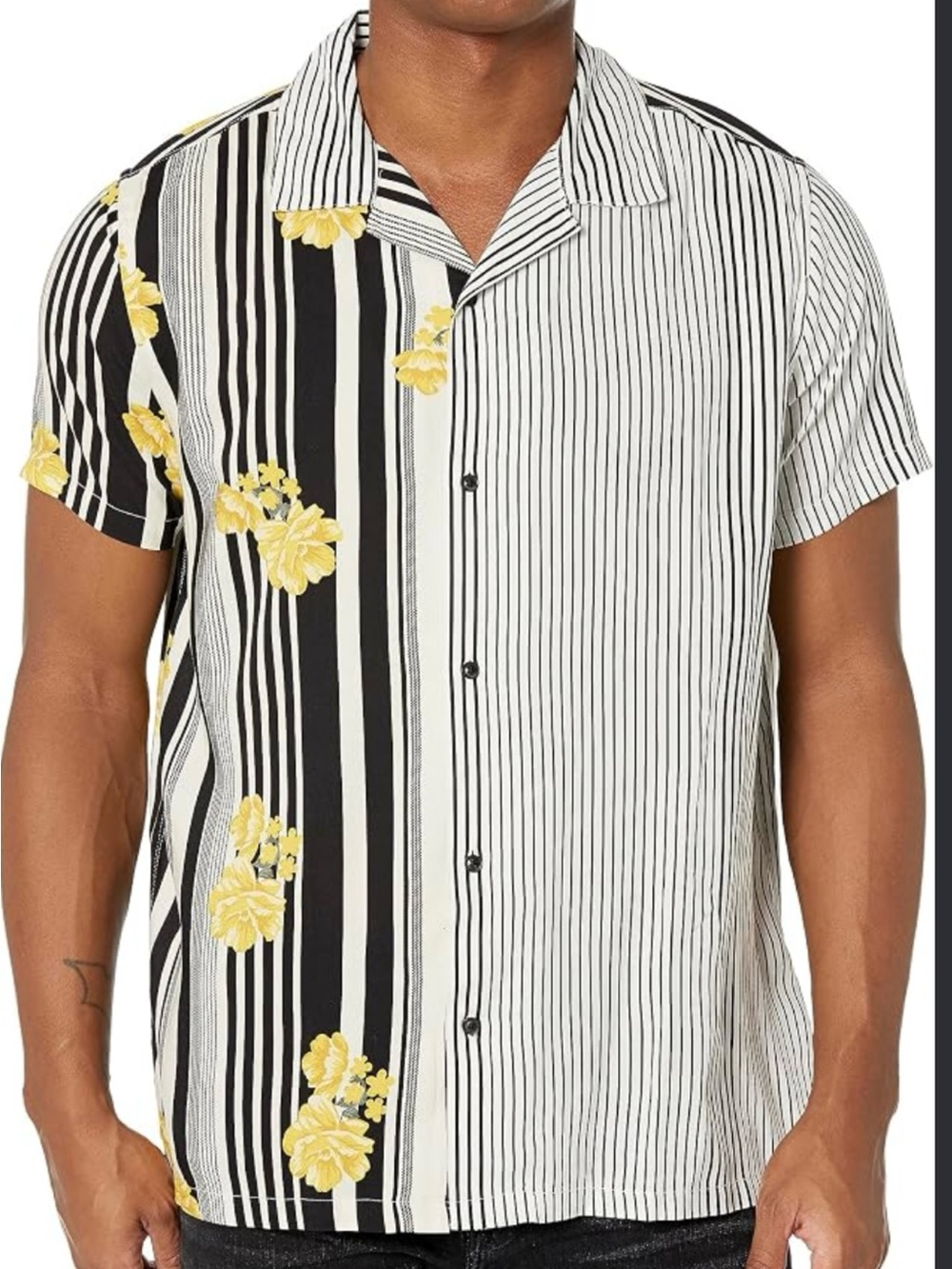 Karl Lagerfeld Black & White Striped Short-Sleeve Shirt with Yellow Floral